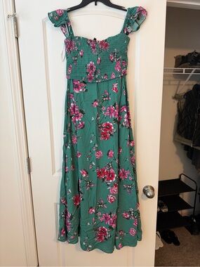 Lulu's Green 2-piece Maxi Dress with Pink Floral Print